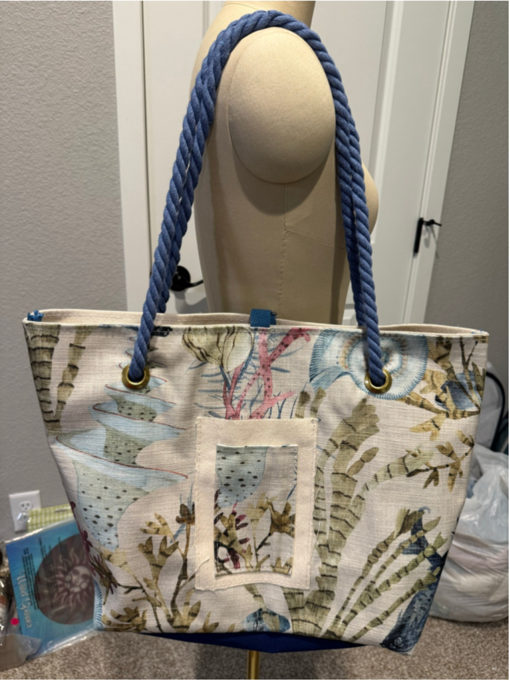 Women's Unbranded Tote Bag One Size Cream Blue Green Ocean Sea Nautical Print